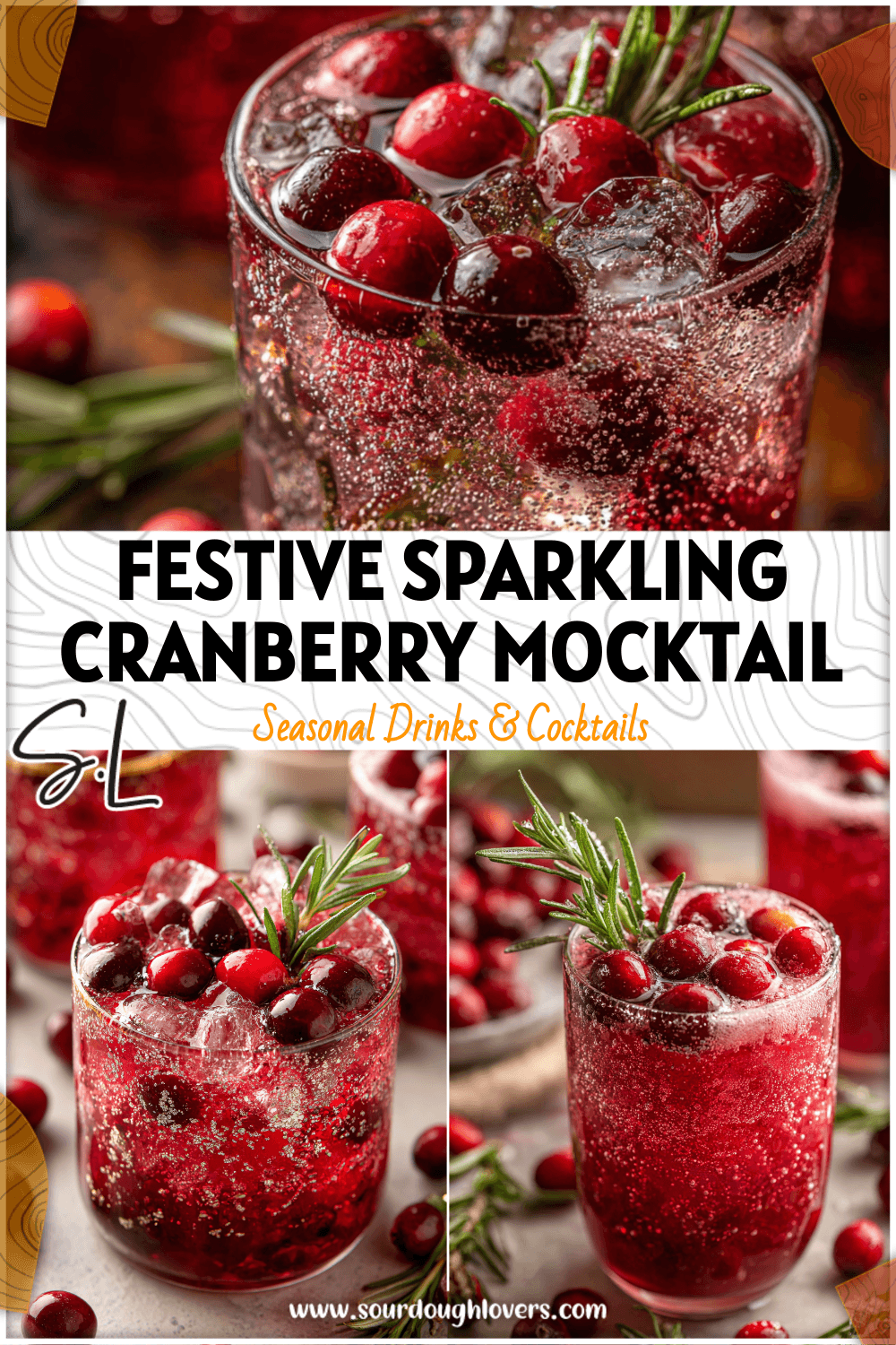 Glass of sparkling cranberry mocktail garnished with cranberries and rosemary for Christmas Mock Tail celebrations.